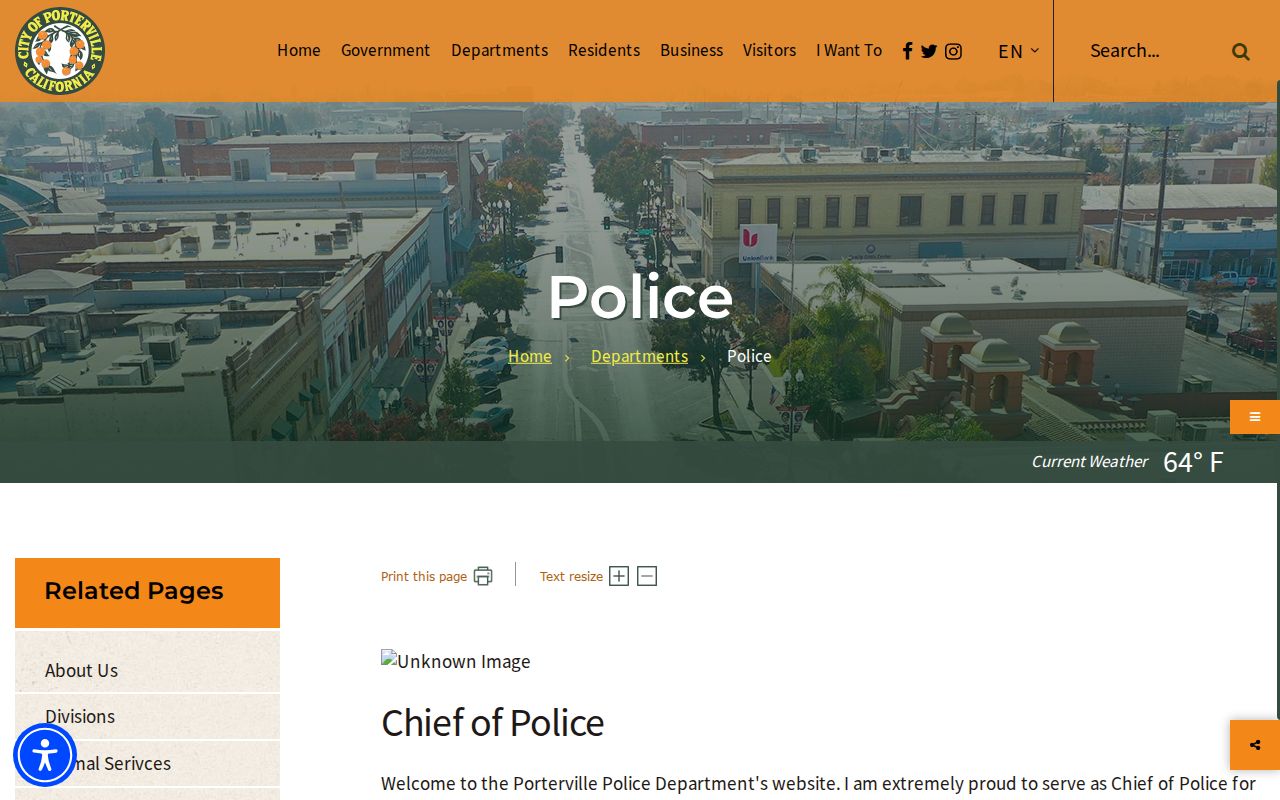 Porterville Police Department page for Tulare County arrest and booking records
