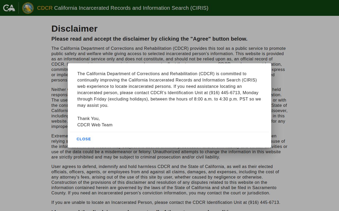 California CDCR CIRIS search for a Tulare County state correctional record