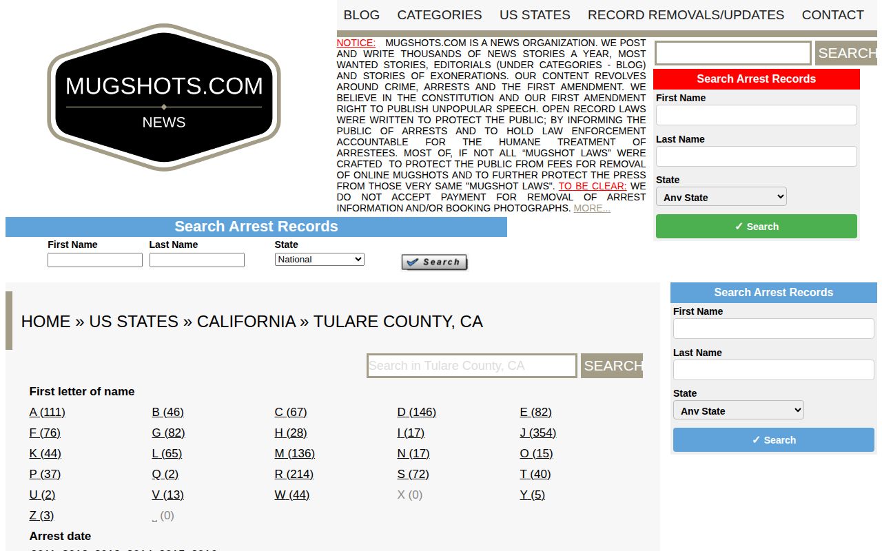 Unofficial Mugshots.com historical Tulare County arrest archive