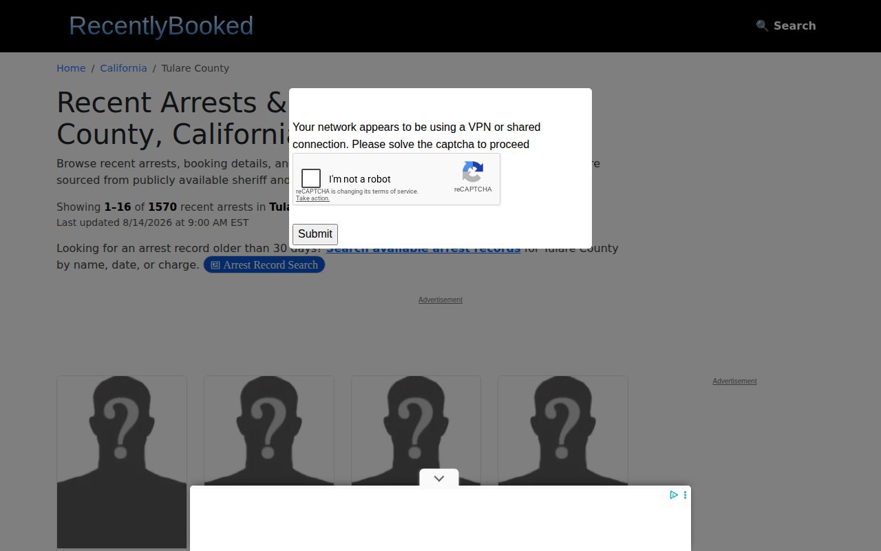 Unofficial RecentlyBooked Tulare County arrest record section with photo caveat