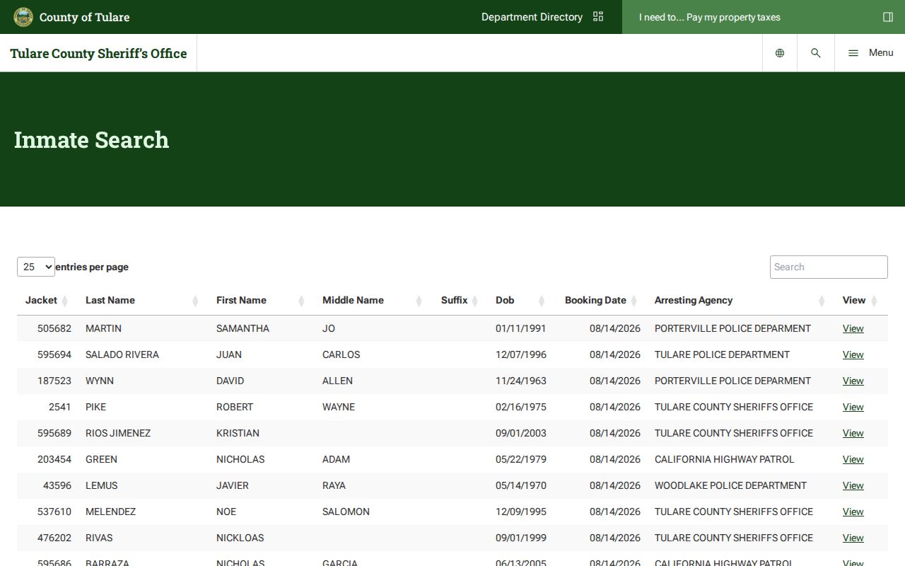 Tulare County Sheriff active inmate roster search for current booking records