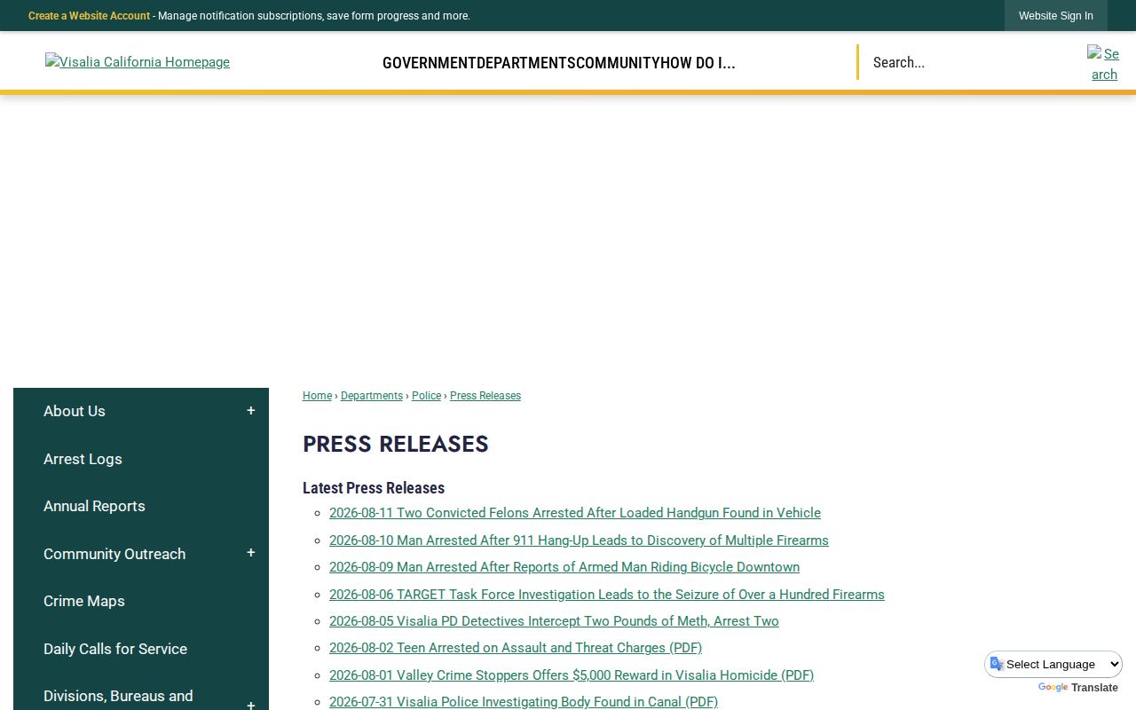 Visalia Police official Tulare County arrest public log and crime news archive